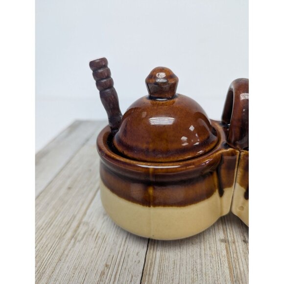 Vintage Brown Glazed Stoneware Double Condiment Sauce Pot W/ Lids Spoons Taiwan - Picture 3 of 11